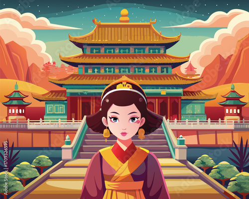 Vector art of a pixel art illustration of a chinese woman standing in front of a traditional chinese temple with stairs