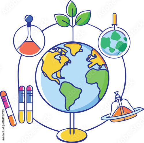 Outline globe poles with research pods and eco team, colourful sketch, with white background.