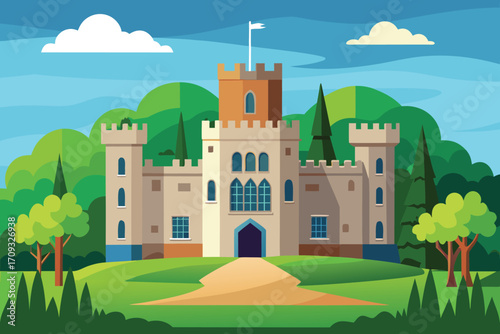 Vector art of majestic castle nestled in a lush green landscape, a fairytale fortress with towers and a serene atmosphere