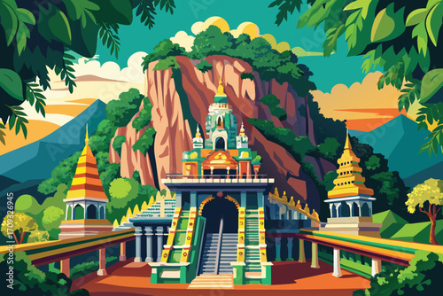 Vector art of a scenic view of the kyaiktiyo pagoda in myanmar, with lush greenery and mountains in the background, pixel art