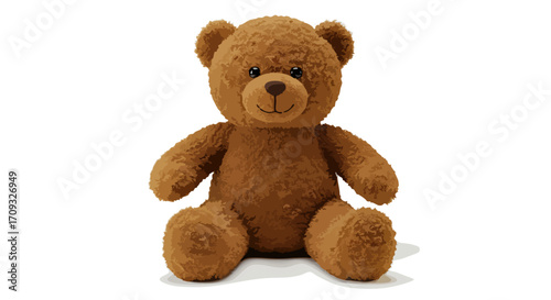 A classic brown fluffy teddy bear with a friendly smile, sitting upright on a clean, seamless white background.