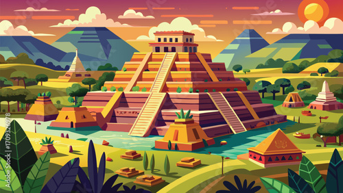 Vector art of a pixel art depiction of the teotihuacan pyramids in mexico, with lush greenery and mountains in the distance