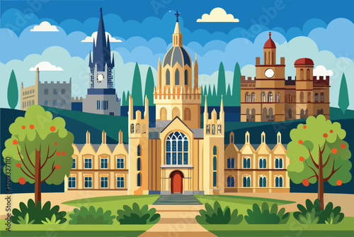 Vector art of a picturesque illustration of oxford universitys iconic architecture, showcasing its historic buildings and serene landscape