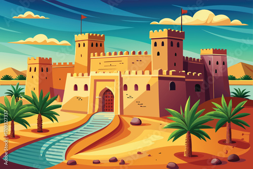 Vector art of pixel art illustration of a desert castle, showcasing its architecture and historical significance in a desert setting