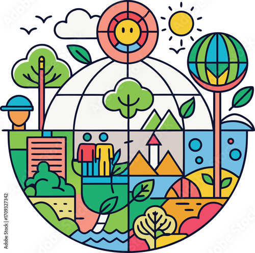 Micro ecosystem outline tile of globe with people and trees, colourful line art, with white background.