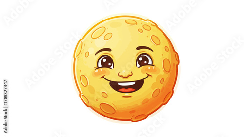 Smiling yellow moon with craters and happy expression.