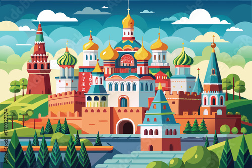 Vector art of colorful cartoon illustration of the moscow kremlin with its towers and cathedrals under a bright blue sky