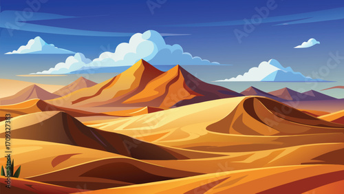 Vector art of cartoon illustration of a vast desert landscape with sand dunes and mountains under a blue sky with clouds