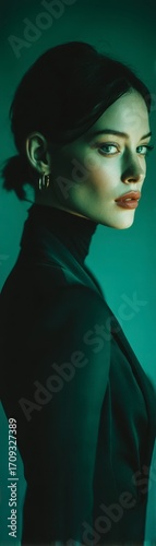 A businesswoman with a neat ponytail in side profile against a green background, showcasing a professional and modern look in a fresh and vibrant environment