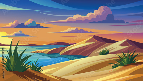 Vector art of pixel art landscape featuring a serene desert oasis with sand dunes and a vibrant sunset sky illustration