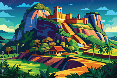 Vector art of the gingee fort in tamil nadu, india, a historic hilltop fortress with stunning views and rich heritage