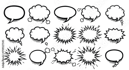 Dynamic comic book speech bubbles and explosion bursts create vibrant visual storytelling elements for design