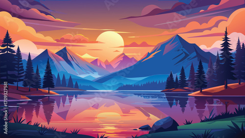 Vector art of a breathtaking pixel art landscape showcasing a tranquil lake reflecting a vibrant sunset amidst majestic mountains and lush forest