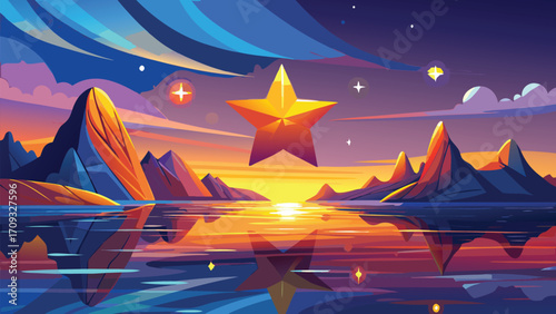 Vector art of a mesmerizing pixel art landscape featuring a radiant star hovering above a serene lake at sunset, mountains in the distance
