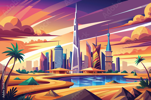 Vector art of a stylized cartoon depiction of the dubai skyline at sunset, highlighting its modern architecture and desert landscape