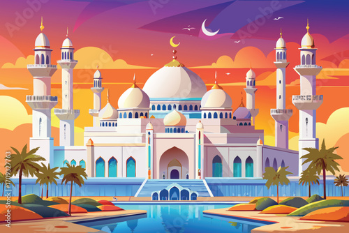 Vector art of a vibrant cartoon illustration of a grand mosque at sunset, showcasing its architectural beauty and serene atmosphere