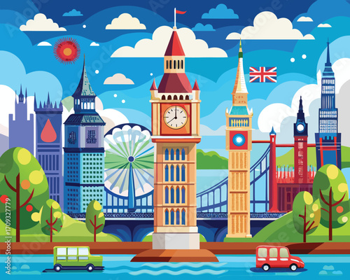 Vector art of a vibrant and colorful illustration of the iconic london skyline with famous landmarks and a cheerful atmosphere