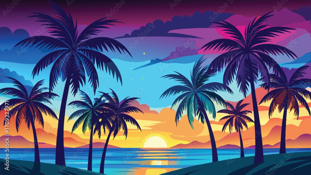 Obraz premium Vector art of pixel art illustration of a tropical beach with palm trees silhouetted against a vibrant sunset over the ocean