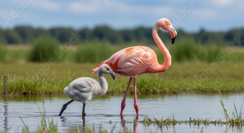An adult pink flamingo and its grey chick wade through shallow water in a lush green marshland under a bright sky.