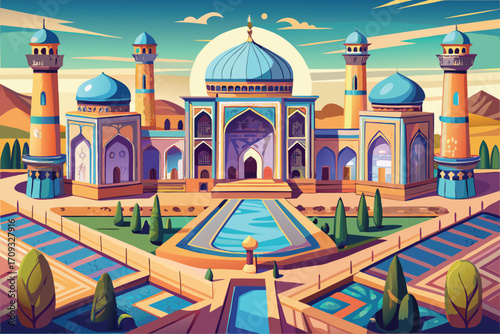 Vector art of pixel art of a beautiful mosque with minarets and a garden with a pool on a sunny day in uzbekistan
