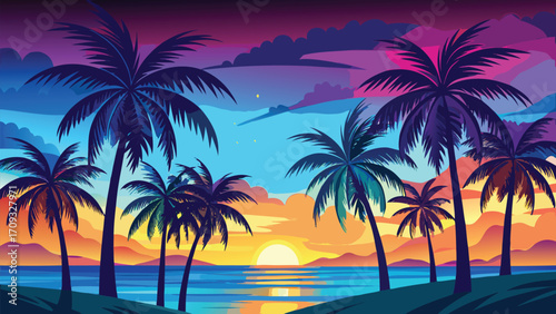 Vector art of pixel art illustration of a tropical beach with palm trees silhouetted against a vibrant sunset over the ocean