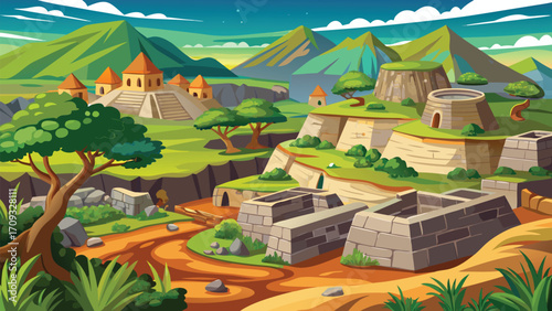 Vector art of pixel art landscape with ancient ruins, mountains, and a vibrant sky, evoking a sense of adventure and mystery
