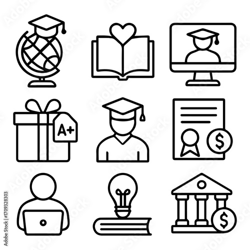 Education Icons Globe with Mortarboard Book with Heart Online Learning Gift and More.