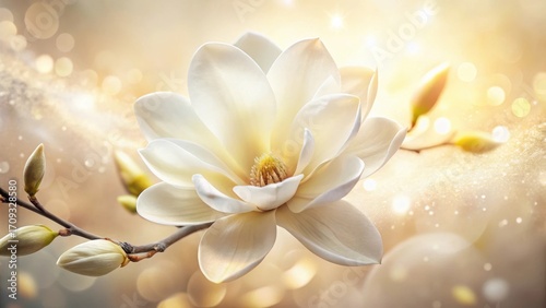 A Single Magnolia Blossom in Soft Golden Light, Exquisite Detail of Petals and Buds on a Branch, Representing Spring's Gentle Arrival and Natural Beauty