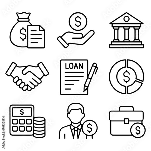 Financial Icons Depicting Banking Loans Investments and Business Transactions.