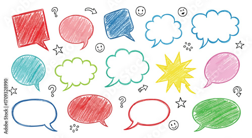 Vibrant hand-drawn speech bubbles and icons spark creative communication and idea generation