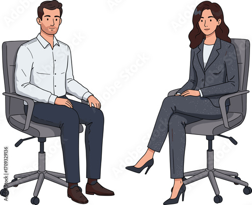 Business meeting illustration, professional interview vector, formal attire concept, office discussion scene, corporate interaction design, workplace communication moment