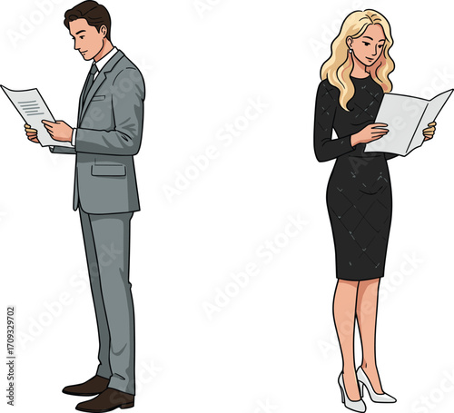Business reading illustration, professional document review vector, formal attire concept, office analysis scene, corporate interaction design, workplace communication moment
