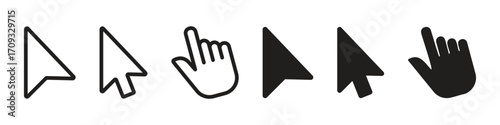 Cursor icon. Computer mouse pointer arrow and hand for click and select symbol. Transparent vector