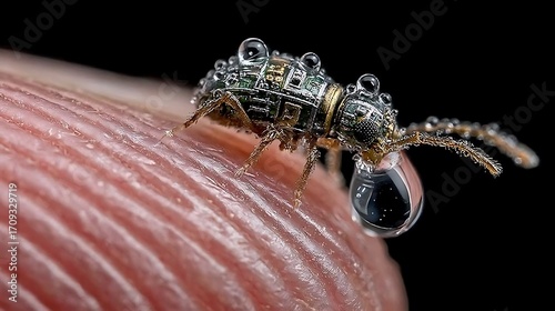 Tiny robotic insect with water droplets on circuit board body macro mechanical