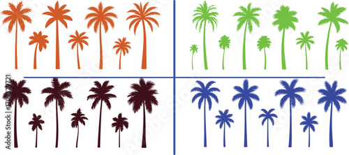 Black palm trees set isolated on white background. Palm silhouettes. Design of palm trees for posters, banners and promotional items. Vector illustration See Less