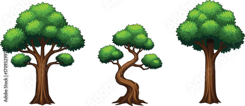 Cartoon style trees illustration, lush green foliage, nature elements, forest plants, different tree shapes, eco-friendly, natural environment