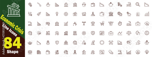 Economic Crisis Line art editable Icons set.  Symbolizing Financial Downturns and Market Instability, finance, economy, recession, downturn, market, financial, business, money, currency vector. 