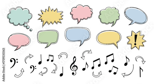 Engaging speech bubbles with music notes and arrows for creative design projects and presentations