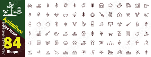 Agriculture Line art Icons Set. Featuring Farming Tools, Crops,  wheat, sunflower, grapes, sheep, pig, chicken, egg, milk, apple, windmill, and Livestock, tractor, combine, harvester vector concept.