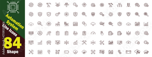 Automation System Line vector editable Icons Set. Gears Robots and Security Symbols, drone, cogwheel, factory, conveyor belt, arm, machine, technology, industry, engineering elements. 