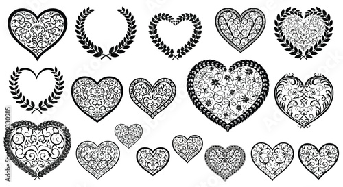 Elegant ornate heart and laurel wreath graphic design elements for romantic occasions