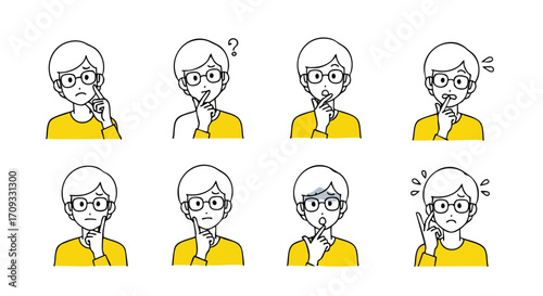 Need a clever solution? Young man with glasses in various states of worry and thoughtful contemplation
