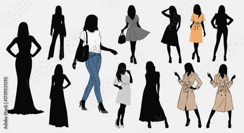 Stylish women in fashion silhouettes showing elegant dresses, coats, and casual outfits
