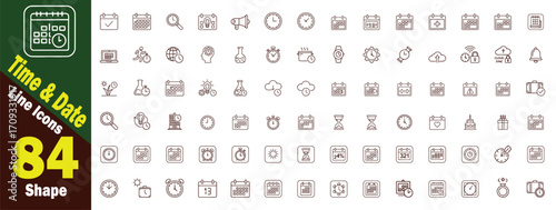 Time and Date Icons Set.  Set of 84 abstract digital vector including clock, symbol, calendar, graphics, modern, concept, technology, ui, interface, flat, style, symbolization, numbers  illustration. 