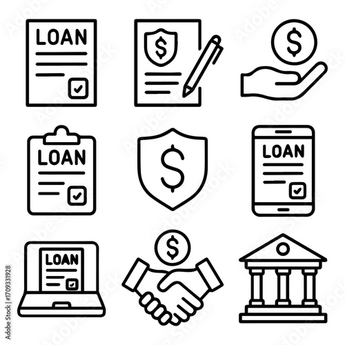 Financial Icons Depicting Loans Agreements Banking and Monetary Transactions.