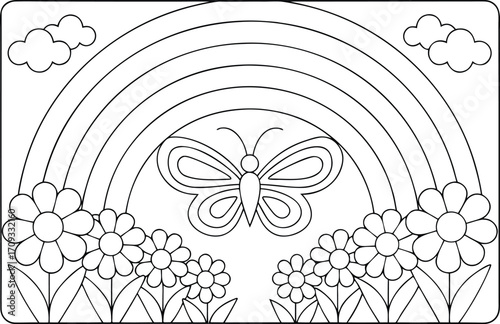 A cheerful butterfly rests beneath a rainbow, surrounded by simple flowers in a charming springtime