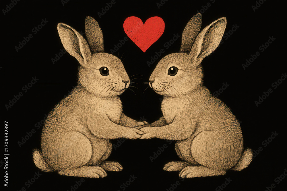 Obraz premium Two rabbits holding paws with red heart above them on black background, expressing love and affection