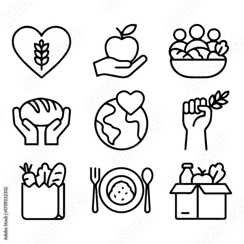 Food security icons Heart with wheat apple in hand and community bowl.