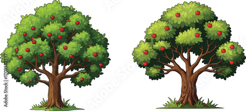 Cartoon apple trees with ripe red fruit, lush green foliage, orchard illustrations, nature vector art, fruit garden, botanical drawing