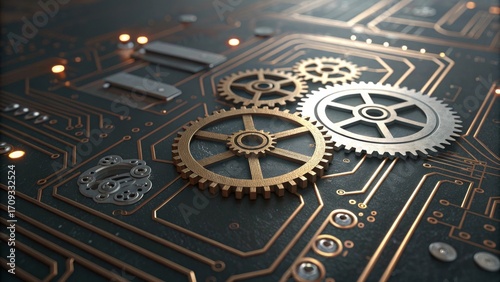 Wallpaper Mural Industrial Gears on Advanced Circuit Board with Glowing Lights Torontodigital.ca